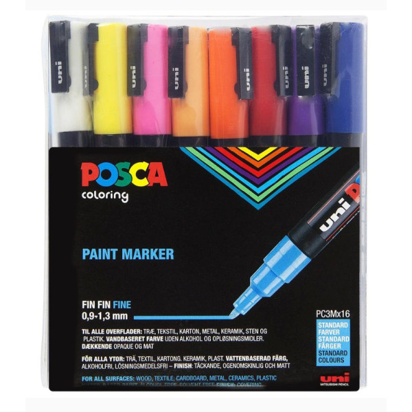 Dekormarker készlet, 0,9-1,3 mm, UNI Posca PC-3M - 16 színű készlet