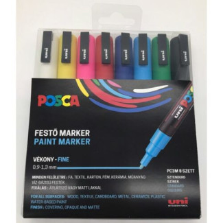 Dekormarker készlet, 0,9-1,3 mm, UNI Posca PC-3M - 8 színű készlet (fekete, fehér, piros, rózsaszín, kék, világoskék, zöld, sárga)