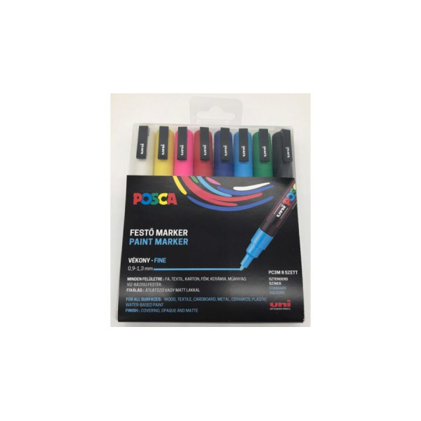 Dekormarker készlet, 0,9-1,3 mm, UNI Posca PC-3M - 8 színű készlet (fekete, fehér, piros, rózsaszín, kék, világoskék, zöld, sárga)