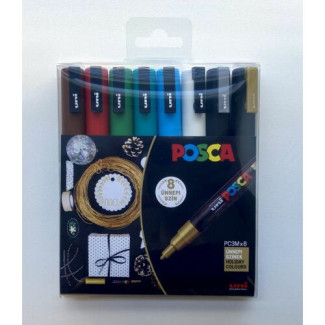 Dekormarker készlet, 0,9-1,3 mm, UNI Posca PC-3M - Holiday 8 színű készlet (arany, ezüst, fehér, világoskék, smaragdzöld, zöld, piros, barna)