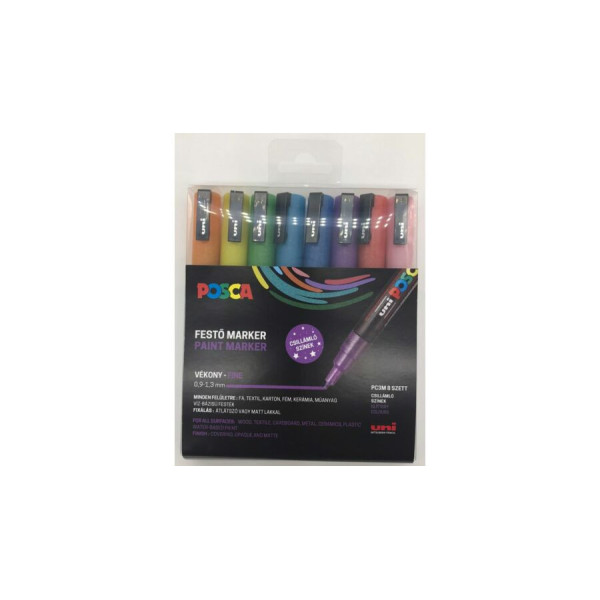 Dekormarker készlet, 0,9-1,3 mm, UNI Posca PC-3M - 8 színű csillámló készlet (csillámló sárga, piros, rózsaszín, lila, kék, világoskék, zöld, narancs)