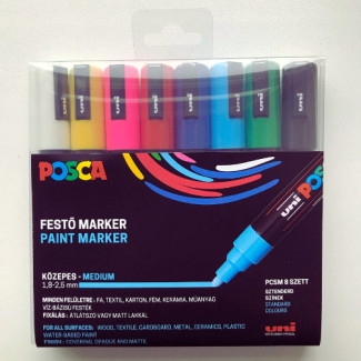 Dekormarker készlet, 1,8-2,5 mm, UNI Posca PC-5M - 8 színű készlet (fekete, fehér, piros, rózsaszín, kék, világoskék, zöld, sárga) Dekormarker készlet, 1,8-2,5 mm, UNI Posca PC-5M - 8 színű készlet (fekete, fehér, piros, rózsaszín, kék, világoskék, zöld, sárga)