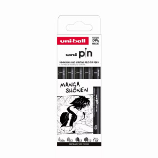 Tűfilc készlet - UNI PIN Manga Shonen 5 db-os készlet - fekete 0.05, 0.3, 0.8, 1.2 és ecsetfilc Tűfilc készlet - UNI PIN Manga Shonen 5 db-os készlet - fekete 0.05, 0.3, 0.8, 1.2 és ecsetfilc