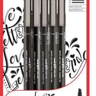 Rajzmarker készlet, UNI PIN "Love Lettering", 5 különböző vonalvastagság, fekete - Kifutó termék