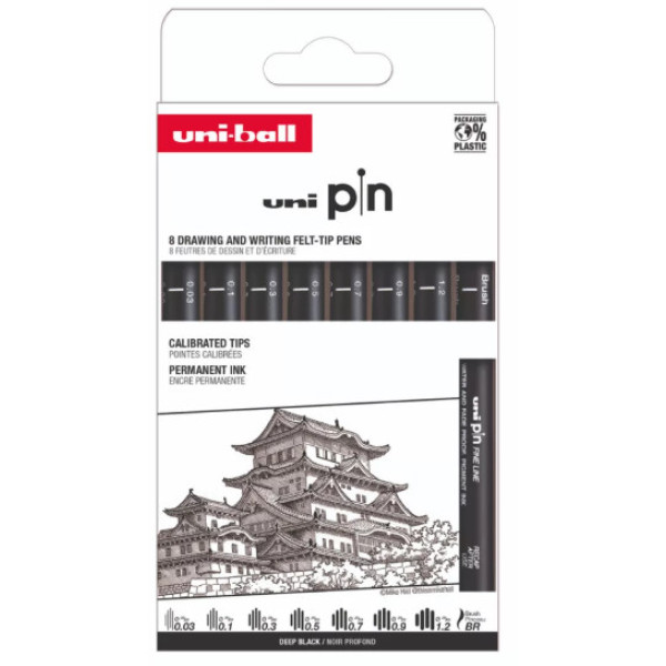 Rajzmarker készlet, UNI PIN "Classic", 8 különböző vonalvastagság, fekete Rajzmarker készlet, UNI PIN "Classic", 8 különböző vonalvastagság, fekete