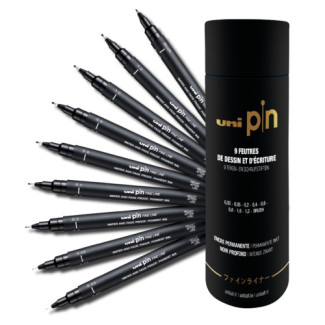 UNI PIN Tube - 9db-os díszdobozos rajzmarker készlet (0,03, 0,05, 0,2, 0,4, 0,6, 0,8, 1,0, 1,2 és 1db fekete ecset rajzmarker)