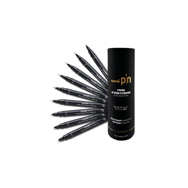 UNI PIN Tube - 9db-os díszdobozos rajzmarker készlet (0,03, 0,05, 0,2, 0,4, 0,6, 0,8, 1,0, 1,2 és 1db fekete ecset rajzmarker)