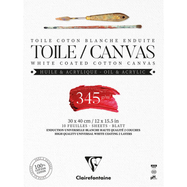 Festővászon tömb, alapozott, fehér - Clairefontaine vászontömb 100% pamut, 345 gr/nm - 30x40 cm, 10 lap