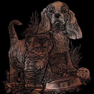 Képkarcoló készlet karctűvel - 20x25 cm - Réz - Cica és kutya