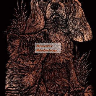 Képkarcoló készlet karctűvel - 13x18 cm - Réz - Kutya és cica
