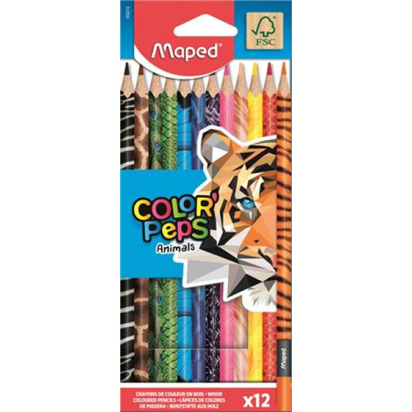 Színes ceruza készlet, háromszögletű, MAPED "Color'Peps Animal", 12 különböző szín Színes ceruza készlet, háromszögletű, MAPED "Color'Peps Animal", 12 különböző szín