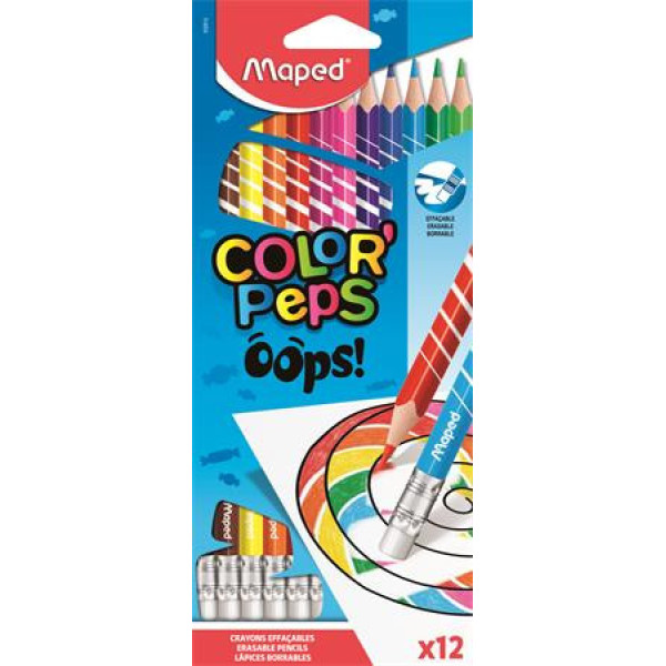 Színes ceruza készlet, háromszögletű, radírozható, MAPED "Color'Peps Oops", 12 különböző szín Színes ceruza készlet, háromszögletű, radírozható, MAPED "Color'Peps Oops", 12 különböző szín