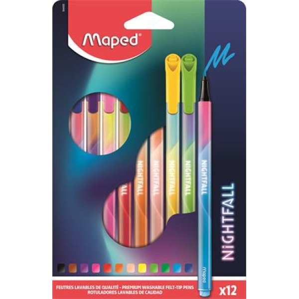 Filctoll készlet, 2,5 mm, kimosható, MAPED "Nightfall", 12 különböző szín Filctoll készlet, 2,5 mm, kimosható, MAPED "Nightfall", 12 különböző szín