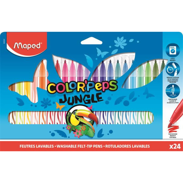Filctoll készlet, 2,8 mm, kimosható, MAPED "Color'Peps Jungle", 24 különböző szín Filctoll készlet, 2,8 mm, kimosható, MAPED "Color'Peps Jungle", 24 különböző szín