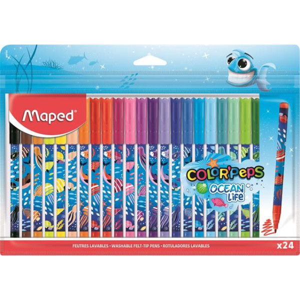 Filctoll készlet, 2 mm, kimosható, MAPED "Color'Peps Ocean Life", 24 különböző szín Filctoll készlet, 2 mm, kimosható, MAPED "Color'Peps Ocean Life", 24 különböző szín
