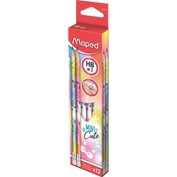 Grafitceruza radírral, HB, háromszögletű, MAPED "Mini Cute", 12 darabos