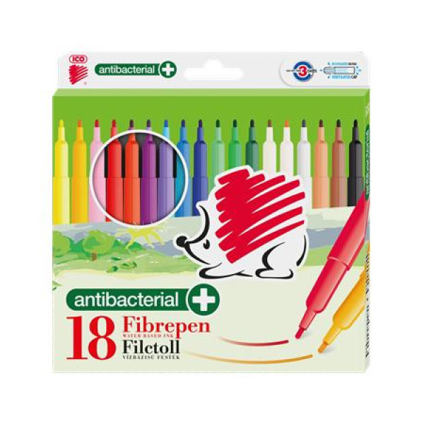 Filctoll készlet, 1 mm, antibakteriális, ICO "Süni 300", 18 különböző szín Filctoll készlet, 1 mm, antibakteriális, ICO "Süni 300", 18 különböző szín