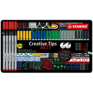 Tűfilc készlet, fém doboz, STABILO "Creative Tips ARTY", 6 különböző szín, 5 különböző vastagság
