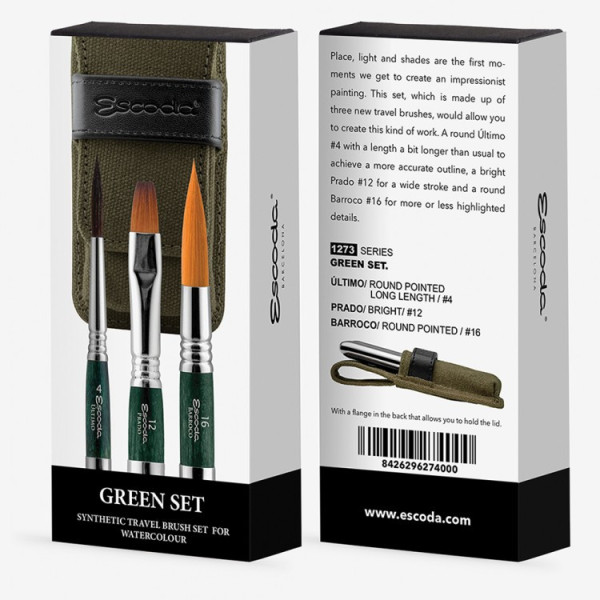 Ecset - Escoda 1273 Green Set - szintetikus ecset szett, utazó készlet, összecsukható Ecset - Escoda 1273 Green Set - szintetikus ecset szett, utazó készlet, összecsukható