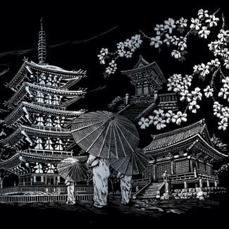 Képkarcoló készlet karctűvel, felnőtteknek - 28x36 cm - Ezüst - Kyoto Templom