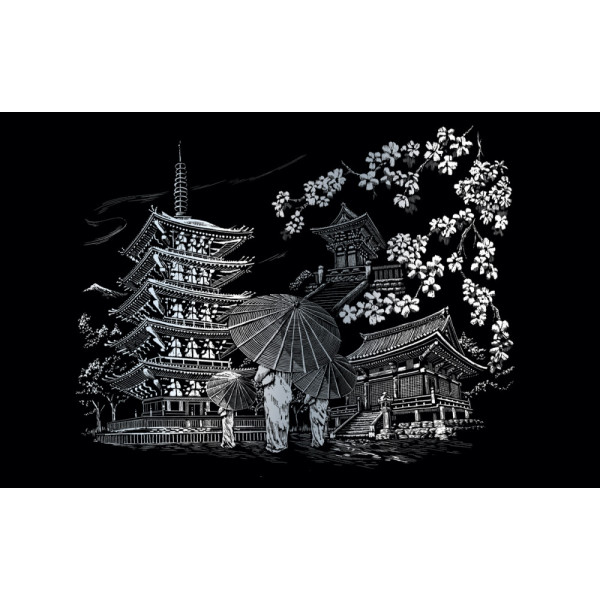 Képkarcoló készlet karctűvel, felnőtteknek - 28x36 cm - Ezüst - Kyoto Templom Képkarcoló készlet karctűvel, felnőtteknek - 28x36 cm - Ezüst - Kyoto Templom