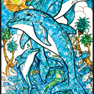 Számozott, lehúzható üvegfólia készlet festékkel, mintával - Delfinek, 24x33 cm - nagyon élénk színekkel