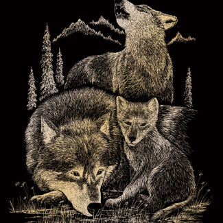 Képkarcoló készlet karctűvel - 20x25 cm - Arany - Farkascsalád