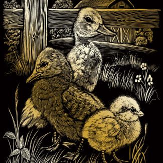 Képkarcoló készlet karctűvel - 20x25 cm - Arany - Madárfiókák