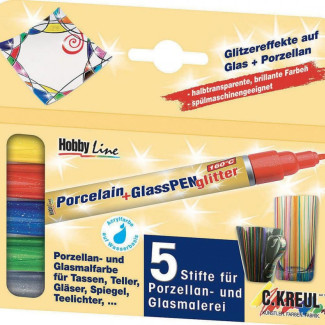KREUL Üveg- és Porcelánmarker Készlet, Glitteres - 5 színű készlet - Alapszínek