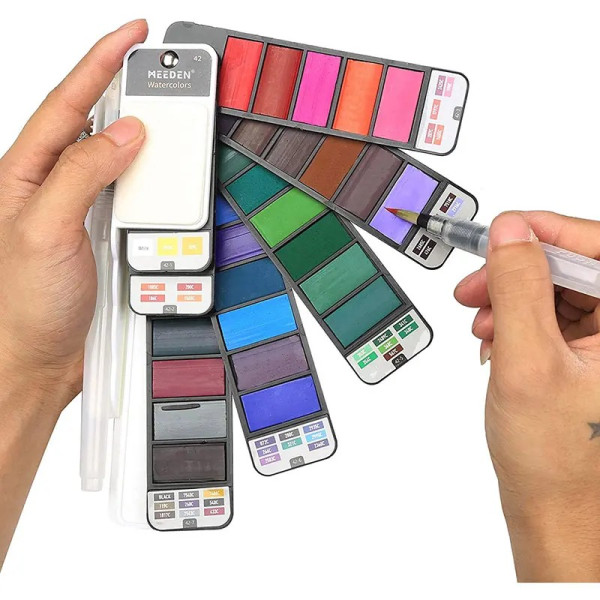 M-ART MEEDEN Utazó akvarell festékkészlet tölthető nyelű ecsettel - 42 színű készlet