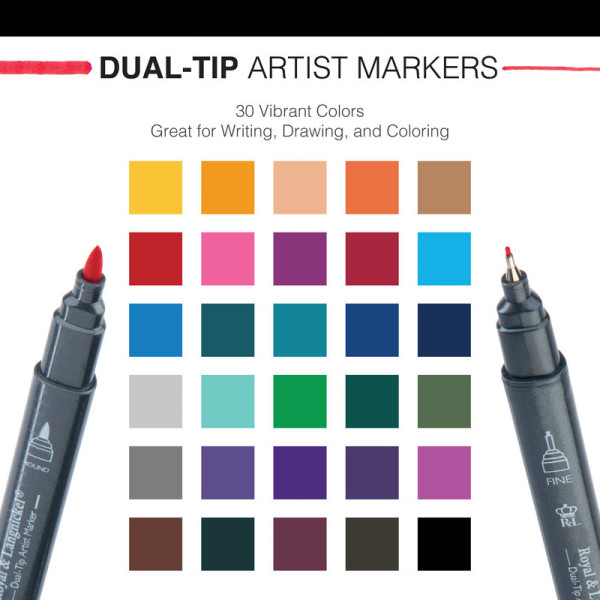 Royal Tűfilc 0,4 mm + 2 mm Filctoll készlet - Háromszög alakú tolltest - Royal Dual-Tip Watercolor Markers - 30 színű készlet