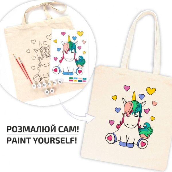 Kifestő készlet vászontáskára 38x42 cm, Számozott - Akrilfestékkel, ecsetekkel, felnőtteknek - Unikornis