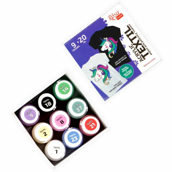 Textilfesték készlet - Rósa Talent Unikornis - 9 x 20 ml tégelyes - kartondobozban Textilfesték készlet - Rósa Talent Unikornis - 9 x 20 ml tégelyes - kartondobozban
