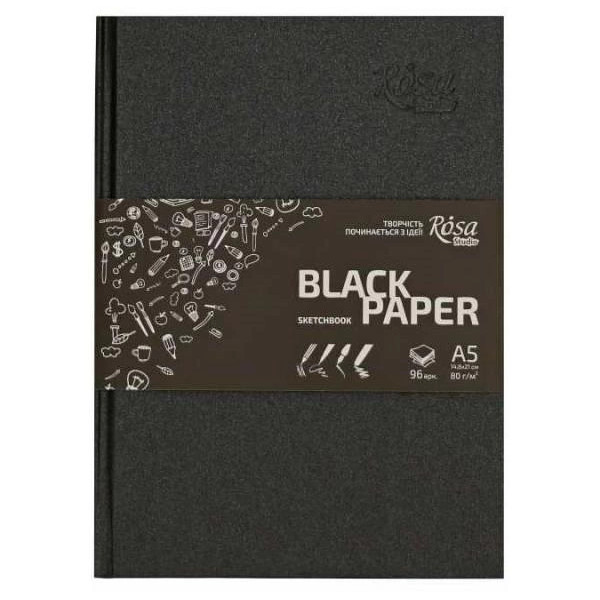 ROSA Studio Keményborítós Vázlatkönyv - Fekete vázlatpapírral, A5, 96 lap, 80g - Fekete borító