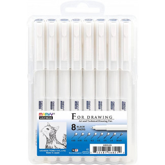 Tűfilc készlet - Marvy UCHIDA Drawing Pen - 8 db-os tűhegyű és ecsetvégű tustoll szett