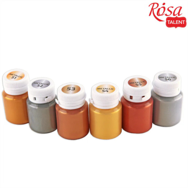 Metálszínű akrilfesték dekorkészlet - Rósa Talent - 6 x 20 ml tégelyes - kartondobozban Metálszínű akrilfesték dekorkészlet - Rósa Talent - 6 x 20 ml tégelyes - kartondobozban