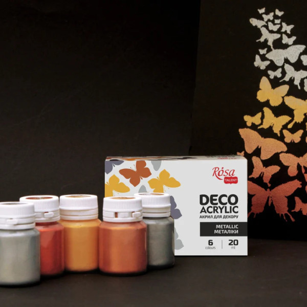 Metálszínű akrilfesték dekorkészlet - Rósa Talent - 6 x 20 ml tégelyes - kartondobozban Metálszínű akrilfesték dekorkészlet - Rósa Talent - 6 x 20 ml tégelyes - kartondobozban