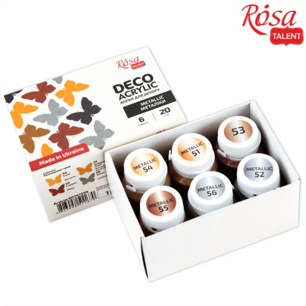 Metálszínű akrilfesték dekorkészlet - Rósa Talent - 6 x 20 ml tégelyes - kartondobozban