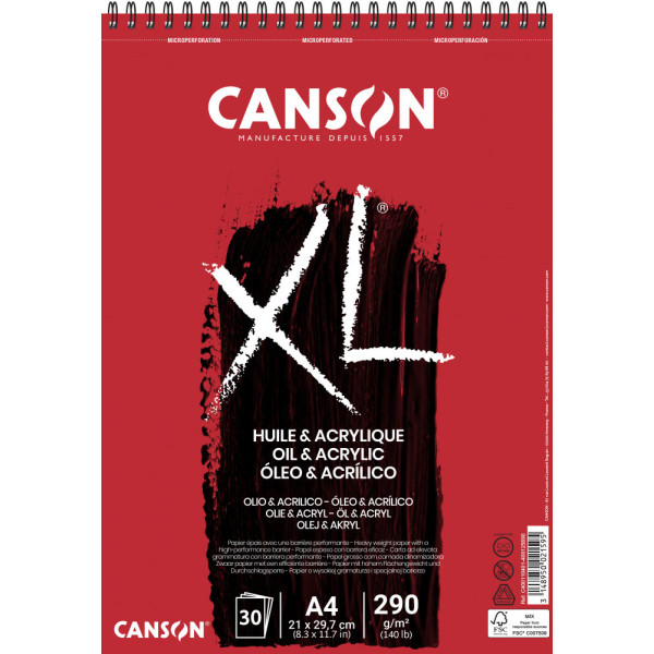 CANSON XL Olaj-Akril-tömb, vászonprégelt felület, röv. old. spirálkötött, mikroperforált 300g/m2 30 ív A4
