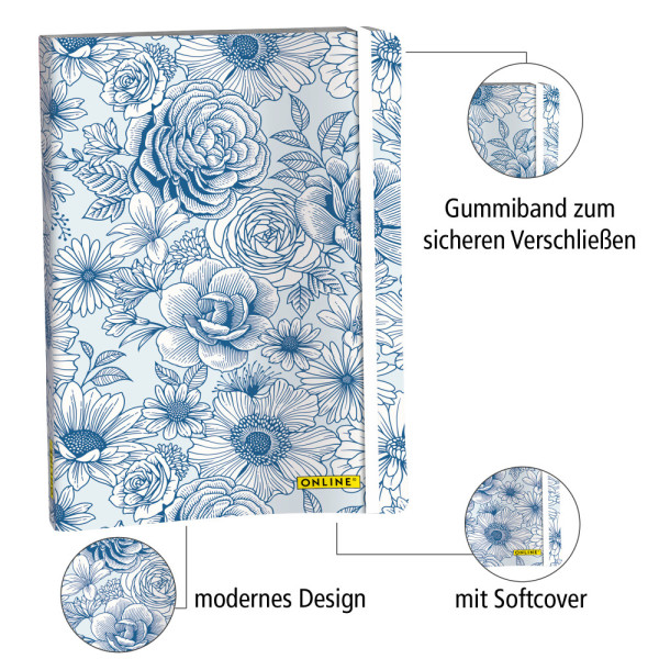 Bullet Journal Blue Flowers - pontozott, A5 Bullet Journal Blue Flowers - pontozott, A5