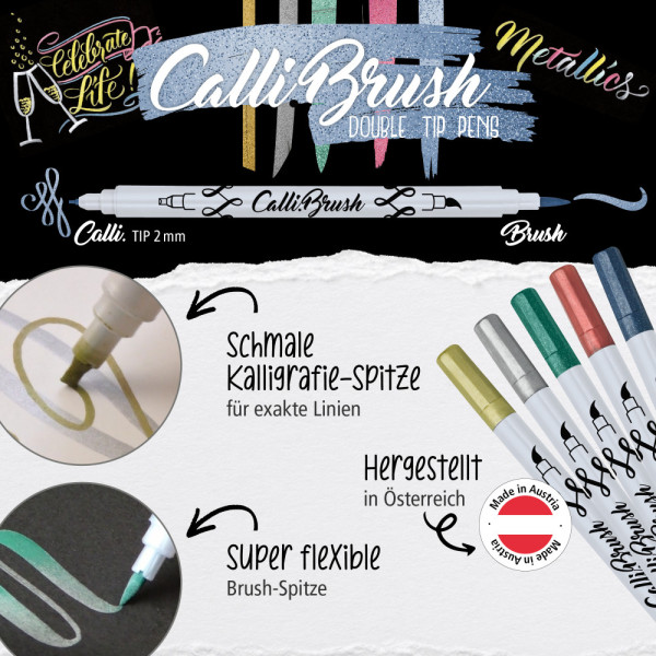 Calli.Brush Metallic szett - Kétvégű marker készlet, 5 színű - 2,5 mm hegy + ecsetfilc hegy - Bambusz dobozban Calli.Brush Metallic szett - Kétvégű marker készlet, 5 színű - 2,5 mm hegy + ecsetfilc hegy - Bambusz dobozban