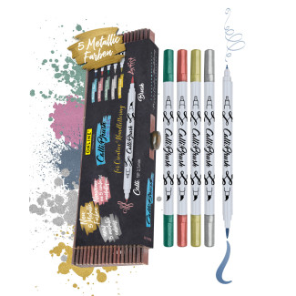 Calli.Brush Metallic szett - Kétvégű marker készlet, 5 színű - 2,5 mm hegy + ecsetfilc hegy - Bambusz dobozban