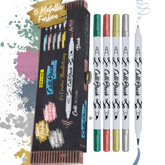 Calli.Brush Metallic szett - Kétvégű marker készlet, 5 színű - 2,5 mm hegy + ecsetfilc hegy - Bambusz dobozban