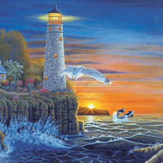 Kifestő készlet számokkal, ecsettel, felnőtteknek - 30x40 cm - Világítótorony sirályokkal