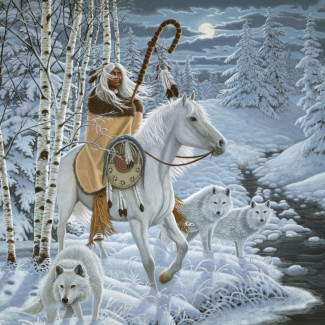 Kifestő készlet számokkal, ecsettel, felnőtteknek - 30x40 cm - Indián fehér lovon téli tájban