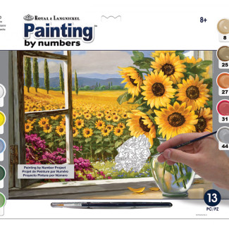 Kifestő készlet számokkal, ecsettel, felnőtteknek - 30x40 cm - Napraforgó tábla az ablakból
