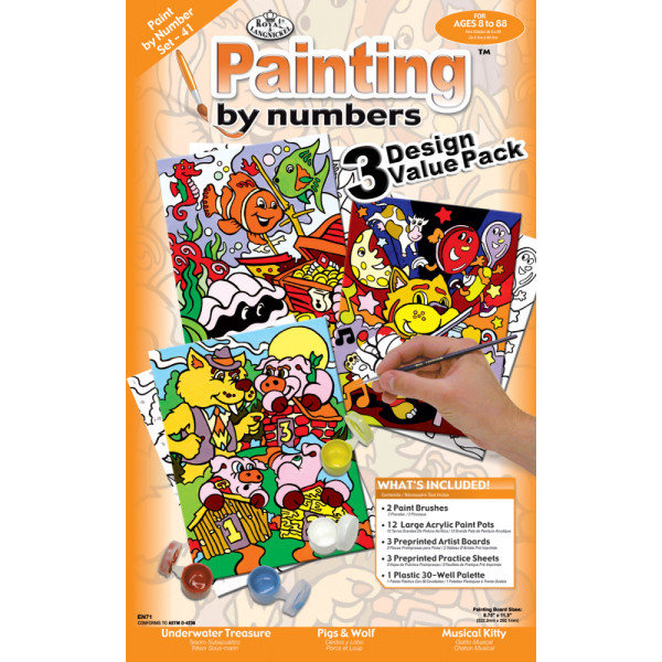 Számozott ifestő készlet kicsiknek akrilfestékkel, ecsettel - 3 kép festése egy készletben