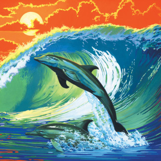 Kifestő készlet vászonra, akrilfestékkel, ecsettel, felnőtteknek - 28x36 cm - Delfinek és hullámok