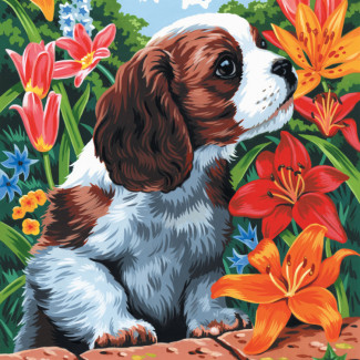 Kifestő készlet vászonra, akrilfestékkel, ecsettel, gyerekeknek 8 éves kortól - 23x30 cm - Kiskutya