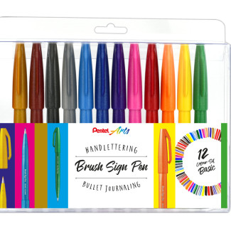 Pentel Brush Sign Pen kalligrafikus hajlékony hegyű ecsetfilc készlet - 12 színű szett, Alapszínek